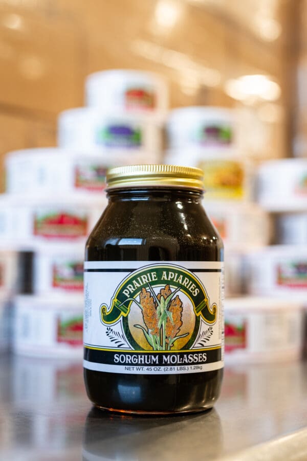 A jar of food on top of a table.